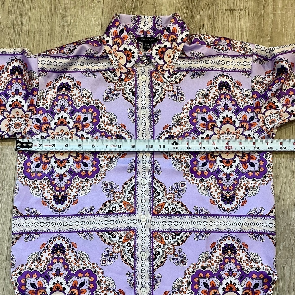 Ann Taylor XXSP Button Down Blouse Purple Oran  Pattern NWOT - Picture 9 of 11